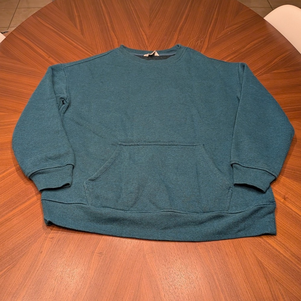 Danskin Sweatshirt Womens Large Teal Blue Excellent Crewneck Kangaroo Pocket